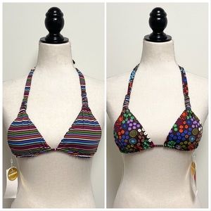 Vitamin A Reversible Floral Stripe Triangle Bikini Top Halter NWT XS Brown